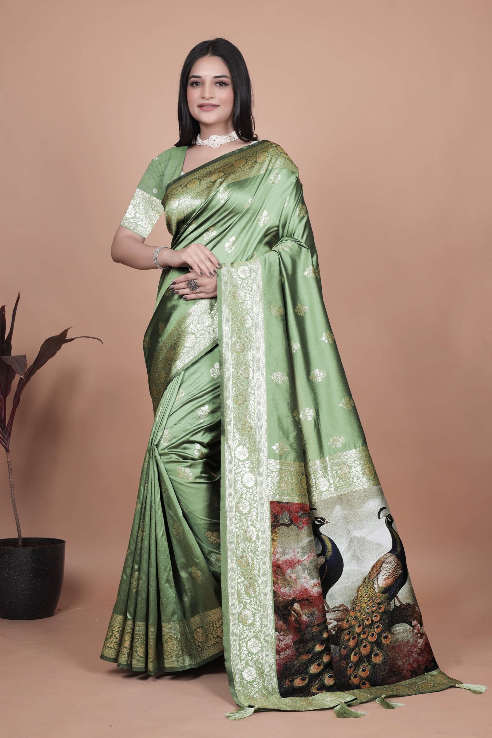 Elegant Sage Green Banarasi Silk Saree with Golden Zari Motifs & Peacock Pallu | Wedding, Festive & Traditional Wear