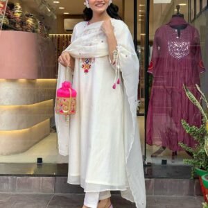 Women's Cotton Mirror Work Embroidered Straight Kurti With Pant and Dupatta Set