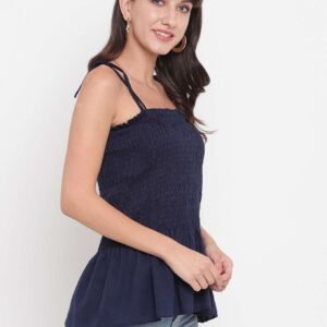 Women's Rayon Solid Casual Summer Style Tie Shoulder Straps Free Size Tank Top (Dark Blue)